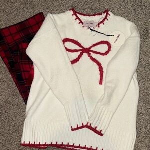 Pink Rose White Sweater with Red Bow Accent